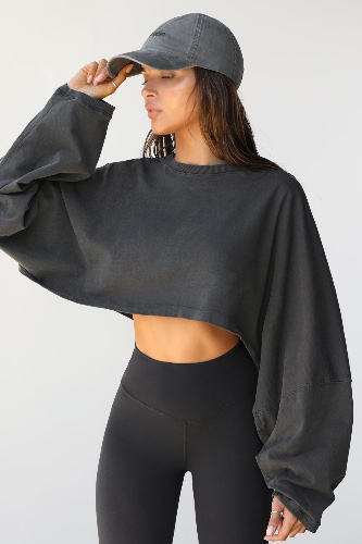 Slouchy Crop Long Sleeve | Washed Black Cotton / S/M