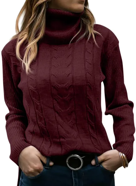 Womens Turtleneck Sweaters Long Sleeve Pullover Cable Knit Sweaters Soft Jumper - Medium Wine