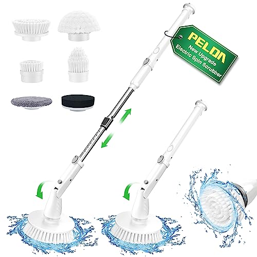 Electric Spin Scrubber, 520RPM Cordless Cleaning Brush with 6 Replaceable Brush Heads & Adjustable Extension Long Handle Power Shower Scrubber for Cleaning Bathroom Tub Grout Floor Wall Sink Tile - White