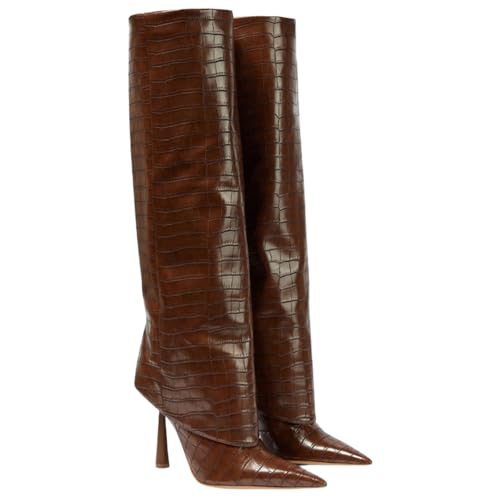 NOZEM Knee High Boots Women Pointed Toe Stiletto Heel Fold Over Boots Sexy Leather High Heel Boots Snake Skin Boots Dress Tall Boots Shark Boots - 10 - Light Brown