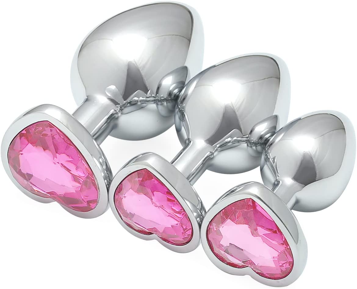 AKStore 3 Pcs Luxury Jewelry Design Fetish Heart Metal Anal Butt Plug(Pink) - Pink