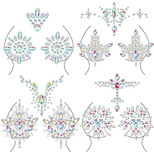 Panelee 4 Pcs Rhinestone Pasties Crystal Breast Covers Body Jewelry Stick Nipple Pasties Breast Body Gems Temporary Chest Stickers for Women Men Makeup Decor Rave Festival Party