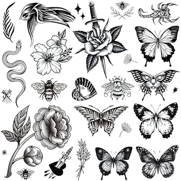 Tazimi 8 Sheets Large Black Tattoos for Women Girls Butterfly Snake Bee Swallow Flowers Scorpion Fake Tattoos Realistic Adult Classic Tattoos