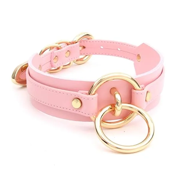 lalatia Womens Double O Ring Faux Leather Choker Collar - Pink Gold
