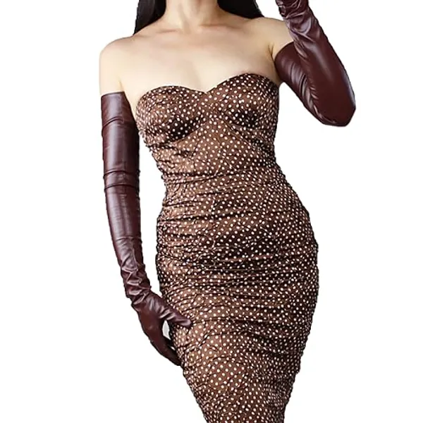 DooWay Super Long Leather Gloves Women 28" Stretch Faux Soft Leather Opera Evening Party Gloves - Coffee