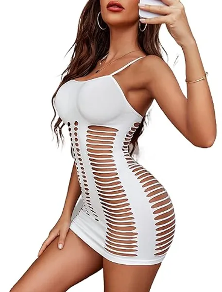 Avidlove Womens Lingerie Fishnet Dress Mesh Badydoll Fishnet Bodysuit See Through Chemise (one Size fit Most, White)