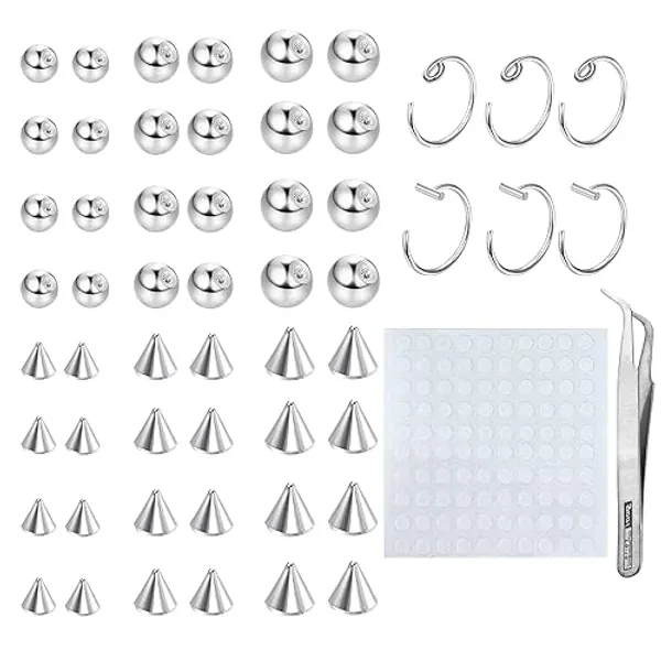 HAIAISO Fake Eyebrow Ring Fake Lip Labret Studs Replacement Balls Spike with 100Pcs Sticker Non-Piercing Nose Rings Hoop Body Jewelry Fake Skin Piercing 3MM 4MM 5MM