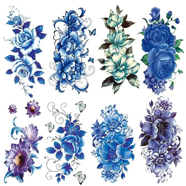 Blue Rose Flowers Temporary Tattoos for Women Sexy 8 Pcs by Yesallwas,Large Tattoo Sticker Fake Tattoos for Kids Girls Teens,Waterproof and Long Lasting Sexy Body Tattoos