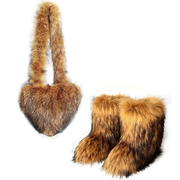 YAMERBO Women's Heart Shaped Furry Shoulder Tote Bag Winter Faux Fur Mid-Calf Snow Boots set Y2K Girl Handbag Warm Snow Boots - 9 - A-faux Fur Boots Bag Sets-brown