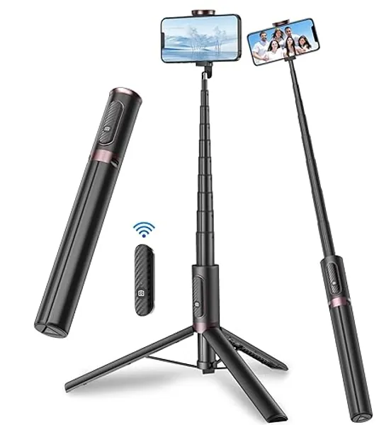 TONEOF 67" Travel Tripod,Cell Phone Selfie Stick Tripod,Smartphone Tripod Stand All-in-1 with Integrated Wireless Remote,Portable,Lightweight,Extendable Phone Tripod for iPhone/Android(Black) - 67'' - Black