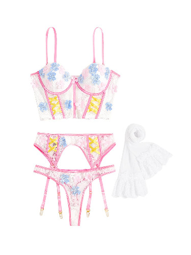 Floral Embroidered Lingerie Set - White+Pink