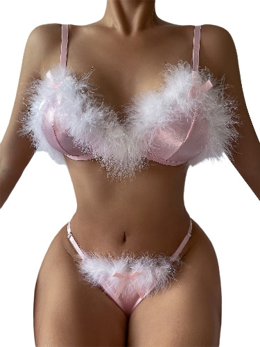Fuzzy Trim Satin Lingerie Set