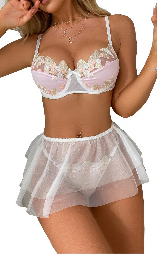 Floral Embroidered Lingerie Set with Tulle Skirt