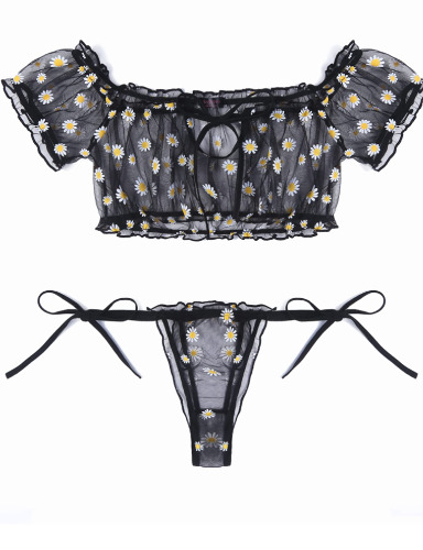 Chemise Ruffle Lingerie Set - Black with Daisys