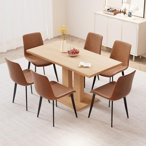 HIPIHOM Modern 58'' Kitchen Dining Table and Chairs, 7 Piece Rectangular Dining Table Set for Home, Kitchen, Living Room, Dining Room (Dining Table + 6 Brown Chairs) - 58 Inch Oak Table Set - 58'' Table+6 Brown Chairs