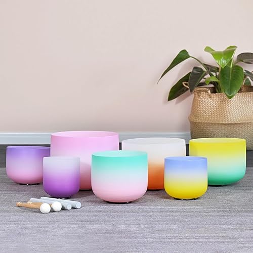 440HZ 6"-12" Set of 7 PCS Frosted Quartz Color Crystal Singing Bowl Set Sound Healing Instrument with Singing Bowl Mallet Suede Strikers Heavy Duty Carrying Cases - 6"-12"colorful