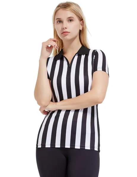 FitsT4 Women's Official Black & White Stripe Referee Shirt Zipper Collared V-Neck Referee Jersey Short Sleeve Ref Tee Shirt for Refs, Waitresses & Costume
