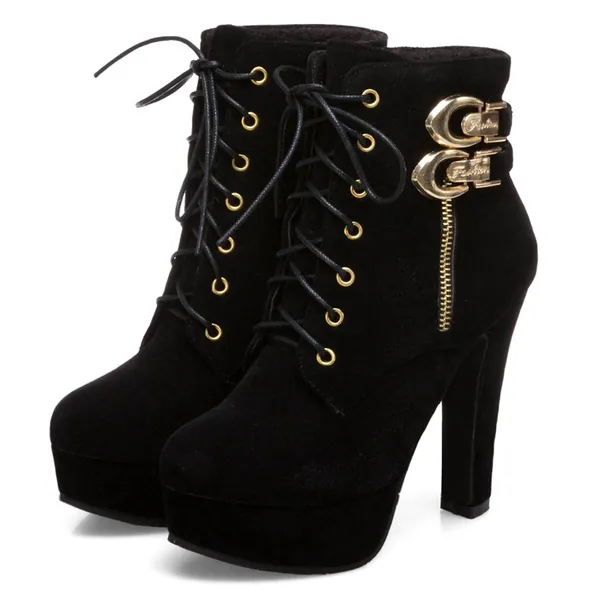 Susanny Sexy High Heels for Women Boots Round Toe Platform Booties Lace Up Suede Side Zipper Ankle Bootie