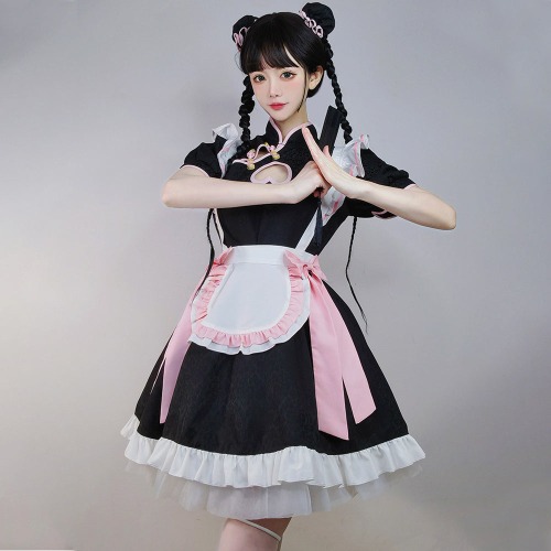 Lolita French Maid Anime Cosplay dress with Cheongsam style. - Maid Outfit+Hair Accessories / M