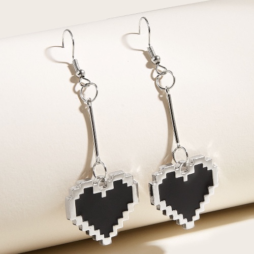 Black Mosaic Pixel Punk Kawaii Heart Shape Earrings - Black