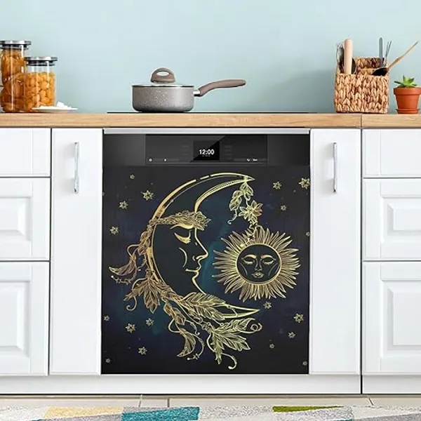 JIPONI Dishwasher Magnetic Cover Ethnic Moon Sun Star Dishwasher Magnetic Kitchen Art Decor, Dishwasher Magnetic Sticker 23 W x 26 H Inch - Moon