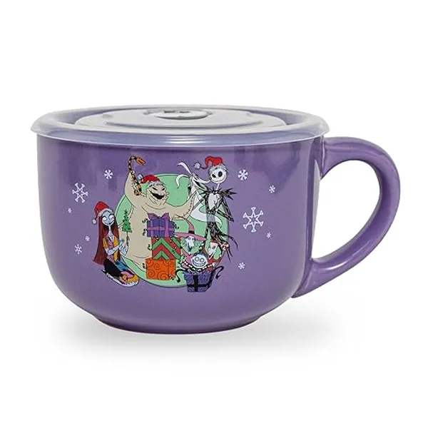 Disney The Nightmare Before Christmas "Merry Scary Holidays" Ceramic Soup Mug Bowl With Vented Lid | Holds 24 Ounces - Merry Scary Holidays