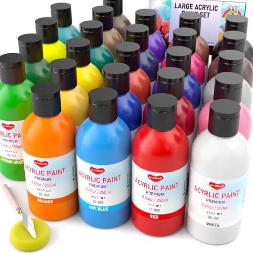 Smallbudi 25 Colors Large Bulk Acrylic Paint Set (8.45 oz, 250 ml) Non Toxic Artist Acrylic Painting Supplies for Multi Surface Canvas, Wood, Fabric Leather Glass Paper Crafts, adults with Color Wheel - 25 Colors