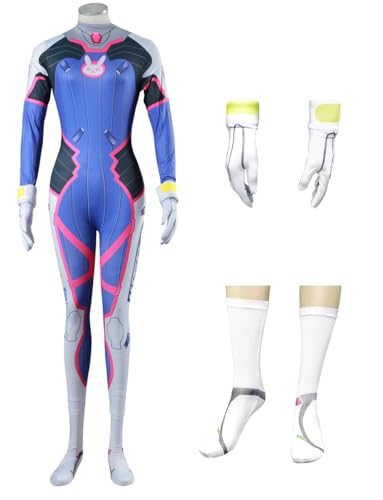 DAZCOS US Size Women's Game Cosplay Costume Blue Bodysuit with Detached Gloves and Socks