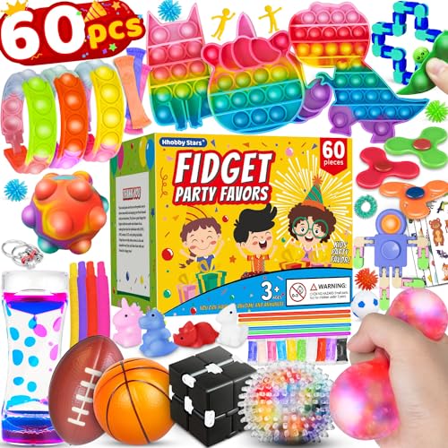 (60 Pcs) Sensory Fidget Toys Pack, School Classroom Rewards Goodie Bag Party Favors for Kids 3-5 4-8 8-12, Stress Relief & Anxiety Relief Tools Autistic ADHD Toys Holiday Birthday Christmas Gifts
