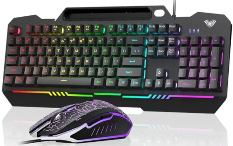 AULA Gaming Keyboard, T102 104 Keys Gaming Keyboard and Mouse Combo with RGB Backlit, All-Metal Panel, Anti-Ghosting, PC Gaming Keyboard and Mouse, USB Wired Keyboard Mouse for MAC Xbox PC Gamers - Black Keycaps + Black Panel