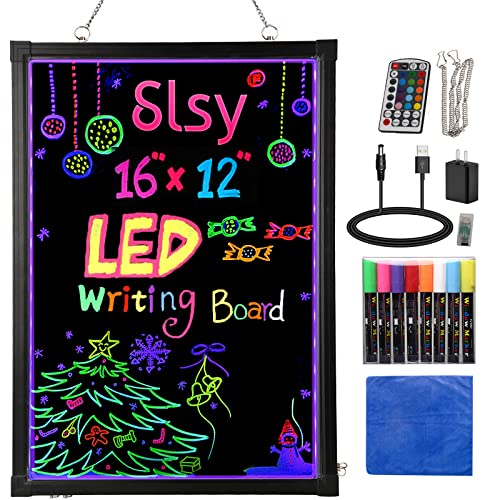Slsy Illuminated LED Message Writing Board, 16"X12" Erasable Neon Effect Menu Sign Board with 8 Fluorescent Makers Remote Control, 26 Flashing Modes Light Up Board - 16'' X 12''