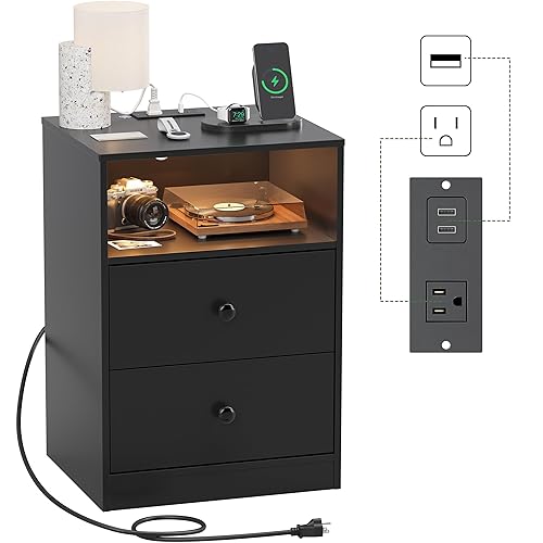 AYEASY Night Stand with Charging Station, LED Wood Black Nightstand Bedside Table with 2 USB Ports & Outlets, Nightstands with 2 Large Drawers, End Side Table Dresser with Storage Shelf for Bedroom. - 1pack-black
