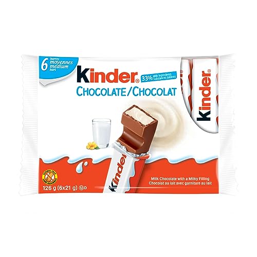 KINDER CHOCOLATE/CHOCOLAT bar, Single Bars, Milk Chocolate Candy bar with a Milky Filling, 6-Pack, Individually Wrapped Milk Chocolate Bars, 6x21g (126g), Ideal Stocking Stuffer - Kinder Chocolate - 6 Bars