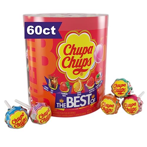 Chupa Chups Candy, Lollipops Drum Display, 60 Count (Pack of 1), 5 Assorted Candy Flavors for Kids, Halloween, Parties, Office, Concessions