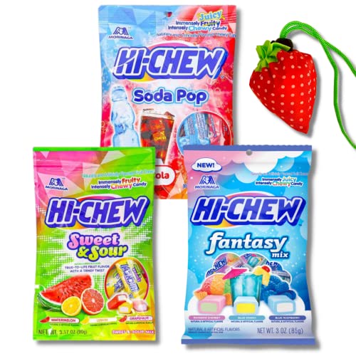 Morinaga Hi-Chew Japanese Candy Snacks New Flavour Fantasy Mix, Soda Pop, Sweet Sour Mix 90g x 3bags Value Pack, Individually Wrapped Pieces Bonus Grocery Bag