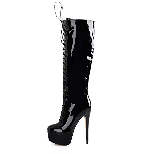 Richealnana Women's Platform Lace Up Stiletto High Heels Knee High Boots - 7 - Black Patent Leather