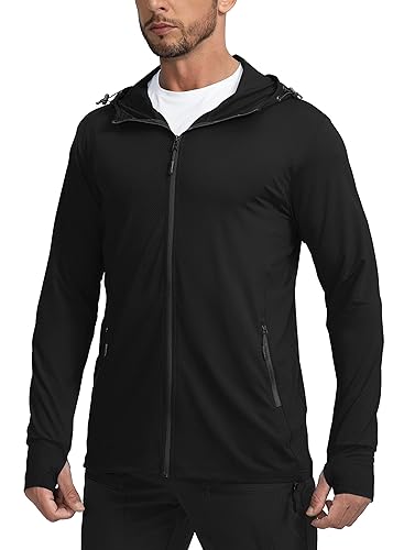 Sejuani Men's UPF 50+ Light Jacket Full Zip Sun Protection Hoodie Long Sleeve Sun Shirts for Men Hiking Fishing Zip Pockets - 3X-Large - Black