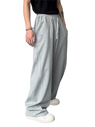 OYOANGLE Men's Drawstring Elastic Waist Baggy Sweatpants Y2K Loose Wide Leg Long Pants with Pocket - Large - Light Grey
