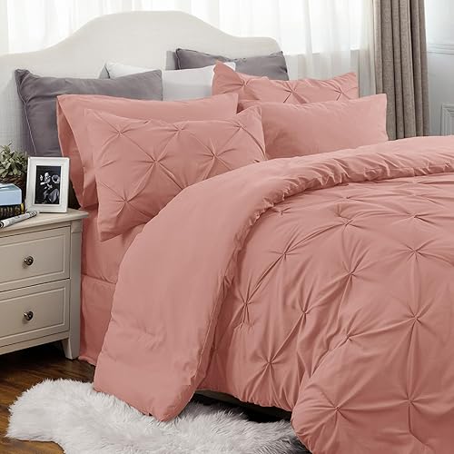 Bedsure Full Size Comforter Sets - Bedding Sets Full 7 Pieces, Pintuck Bed in a Bag Dusty Pink Bed Set with Comforter, Sheets, Pillowcases & Shams - 13 - Dusty Pink - Full