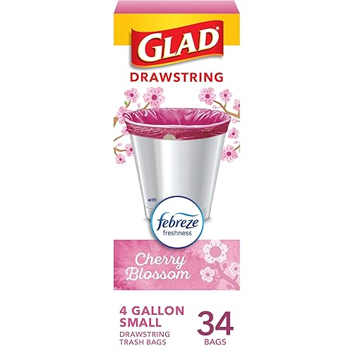 Glad Odorshield Small Drawstring Trash Bags, 4 Gal, Pink, Cherry Blossom, 34 Ct, Pack May Vary - 34 Count (Pack of 1)