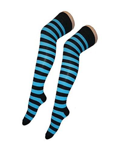Crazy Chick Women Stripe Over The Knee Socks Thigh High Girls Stretchy OTK Socks Fancy Dress (Black & Turquoise) - Black & Turquoise