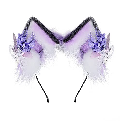 VIGVAN Kawaii Fuchs Katzen Ohren Haarband Haarnadel Katzen Cosplay - F Lila Weiß Haarband