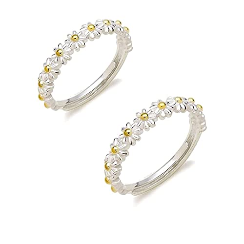 2 Stk Gänseblümchen Ring, Gänseblümchen Band Silber Damen Ring, Fingerringgeschenk für Frauen, Fingerringgeschenk für Frauen, Mode-einfaches, Stapelbares Daumenfinger-Ring-Hochzeitsschmuckgeschenk