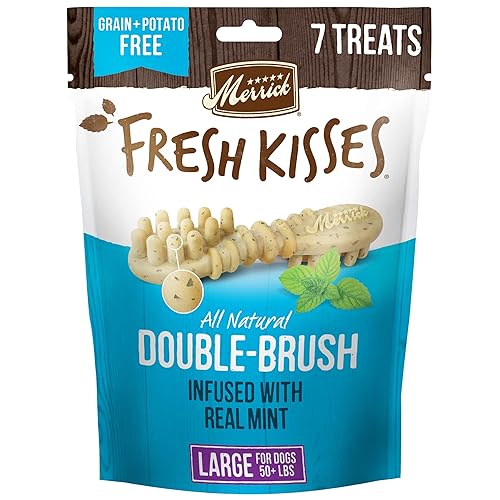 Merrick Fresh Kisses Natural Dental Chews, Toothbrush Shape Treat Infused With Real Mint, For Large Dogs - 7 ct. Bag - Large Dog (50+ Pound) - Mint - 7 Count (Pack of 1)