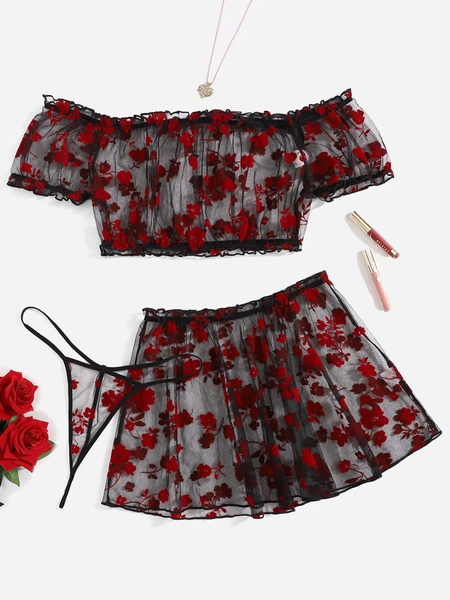 3pack Floral Print Sheer Mesh Lingerie Set & Skirt