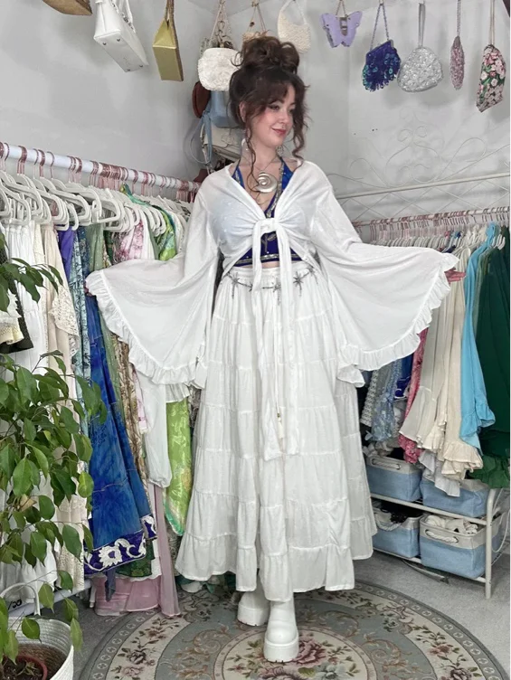 Bohemian Style Flowy Velvet Skirt Set with Ruffle Top | White / Top Only / Small/Medium