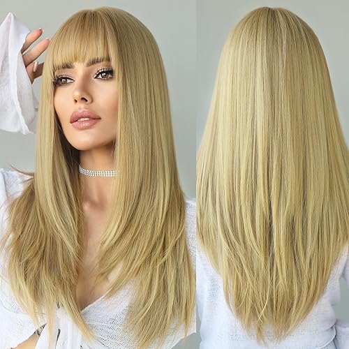 PARK YUN Long Blonde Straight Wigs for Women - 24 inch Glueless Realistic Blond Synthetic Wig with Bangs, Heat Resistant Natural Layered Wig for Girls Daily Party Cosplay - Blonde
