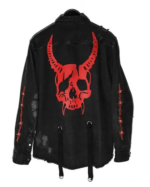 ebossy Men's Skull/Cobra Print Hipster Hip-Hop Distressed Frayed Denim Jean Jacket - Medium Black/Skull