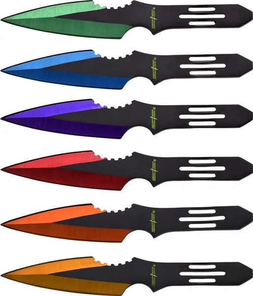 Perfect Point Throwing Knife Set – Set of 6 Throwers, Black Stainless Steel Blades and Handles with Assorted Colored Grinding Lines and Nylon Sheath, Well Balanced, Throwing Sport Knives – PP-595-6MC - 