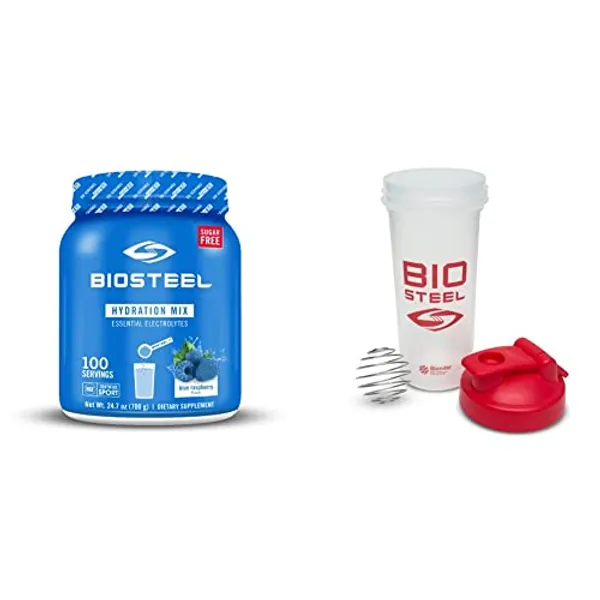 BioSteel Hydration Mix, Sugar-Free with Essential Electrolytes, Blue Raspberry, 100 Servings & BioSteel Shaker Cup with Wire Whisk Blender Ball, Leak-Proof Design, BPA-Free Plastic, 24 Ounce